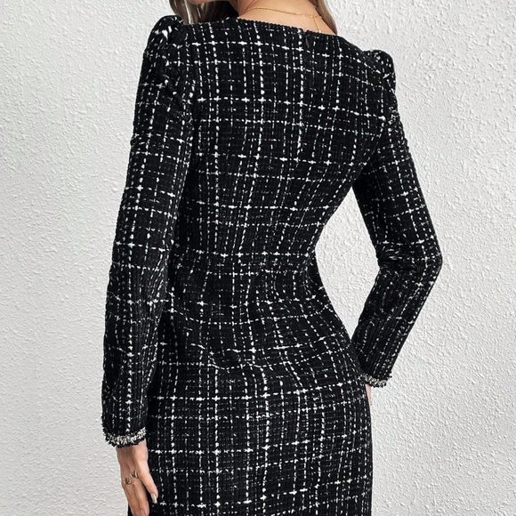 Black Preppy Womens Women's Puff Sleeve Checked Short Dress - Picture 4 of 5